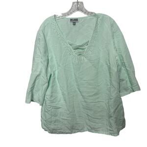 JM Collection Linen Blend Top XL‎ Green Studded V-Neck 3/4 Sleeve Blouse Summer